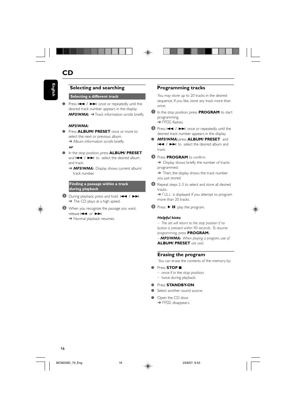 Selecting and searching, Programming tracks, Erasing the program | Philips MCM239D User Manual | Page 16 / 28