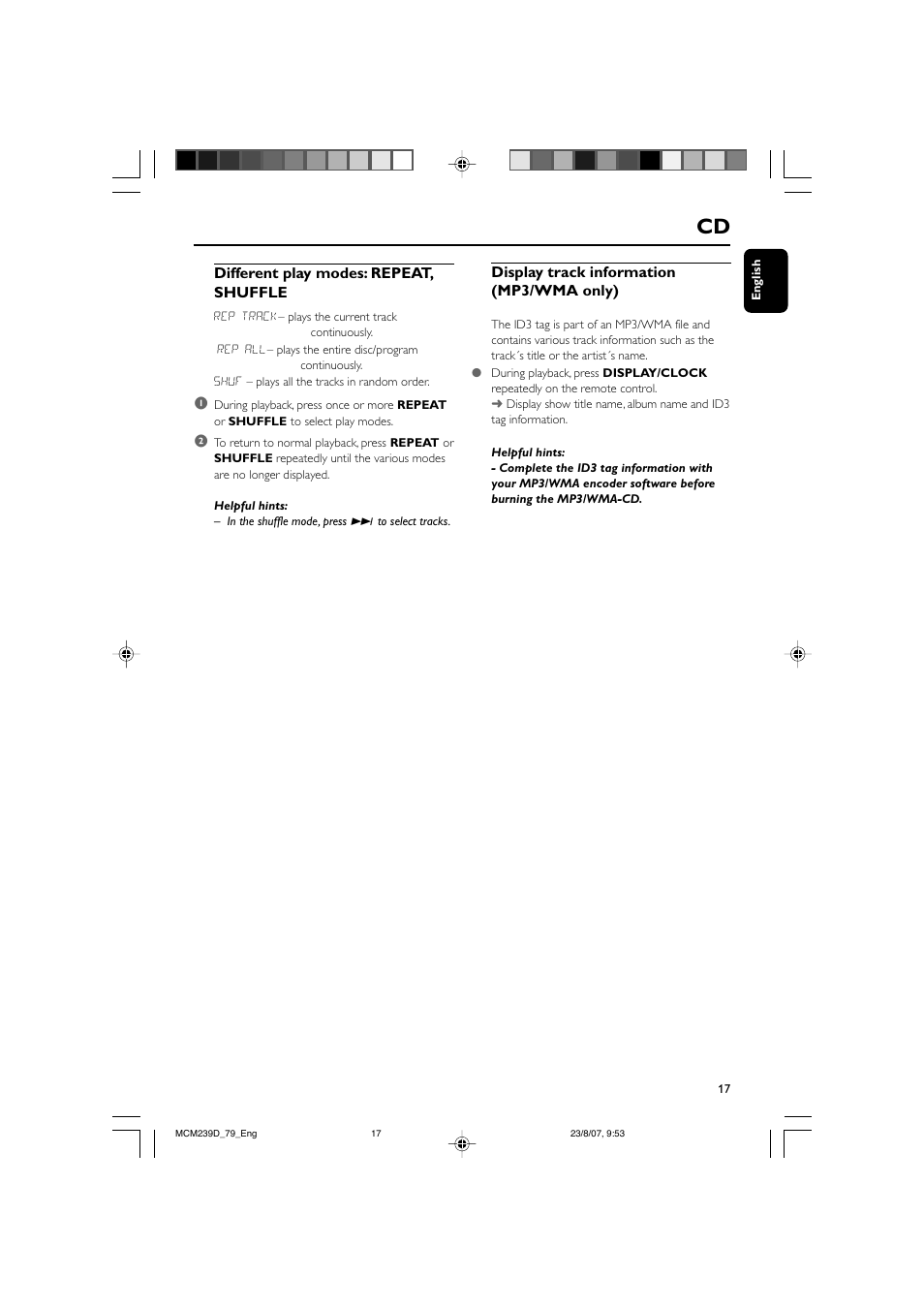 Different play modes: repeat, shuffle, Display track information (mp3/wma only) | Philips MCM239D User Manual | Page 17 / 28
