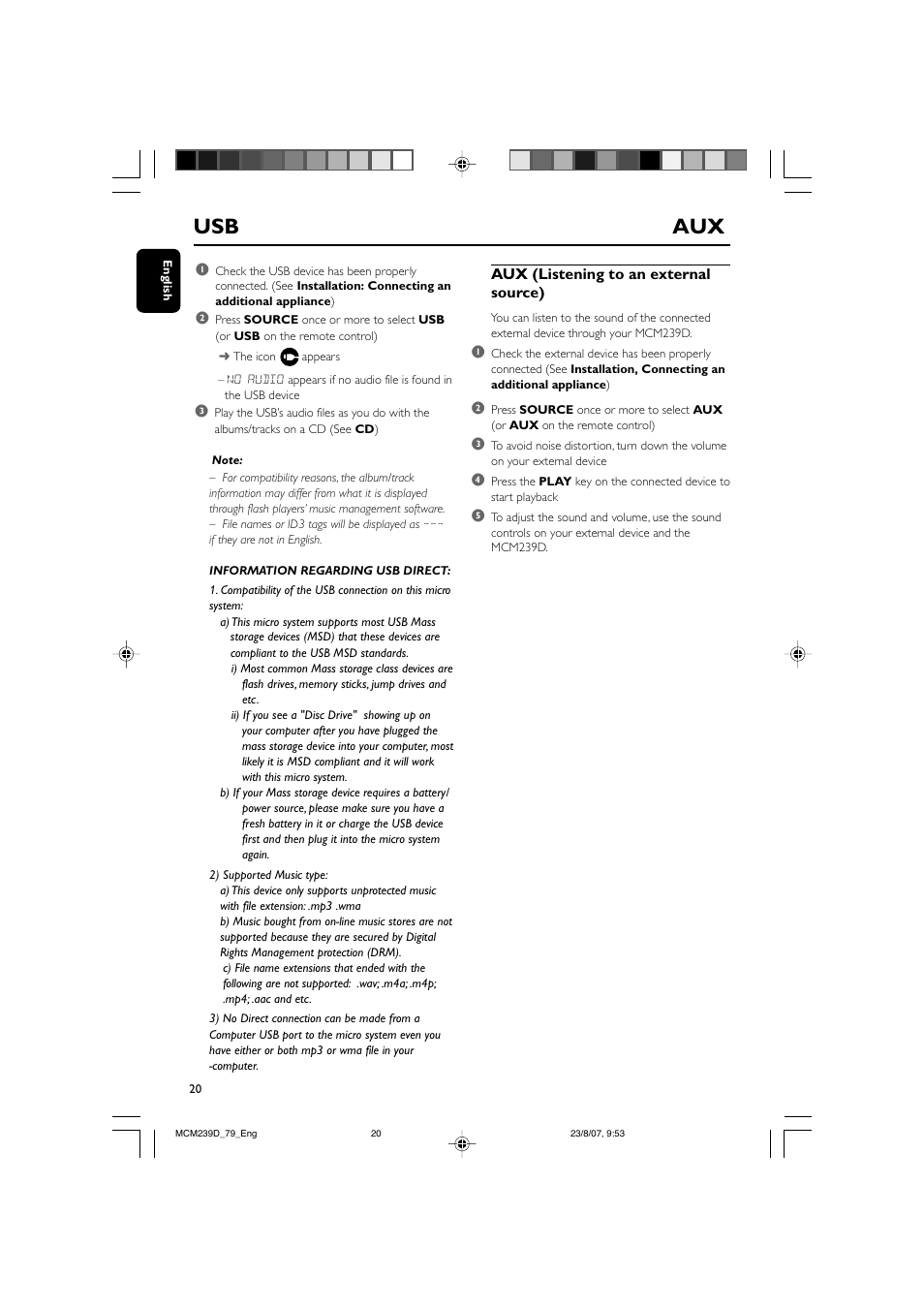 Usb aux | Philips MCM239D User Manual | Page 20 / 28