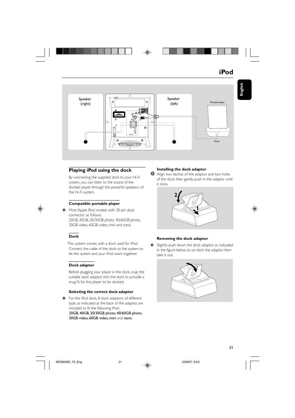 Ipod, Playing ipod using the dock | Philips MCM239D User Manual | Page 21 / 28