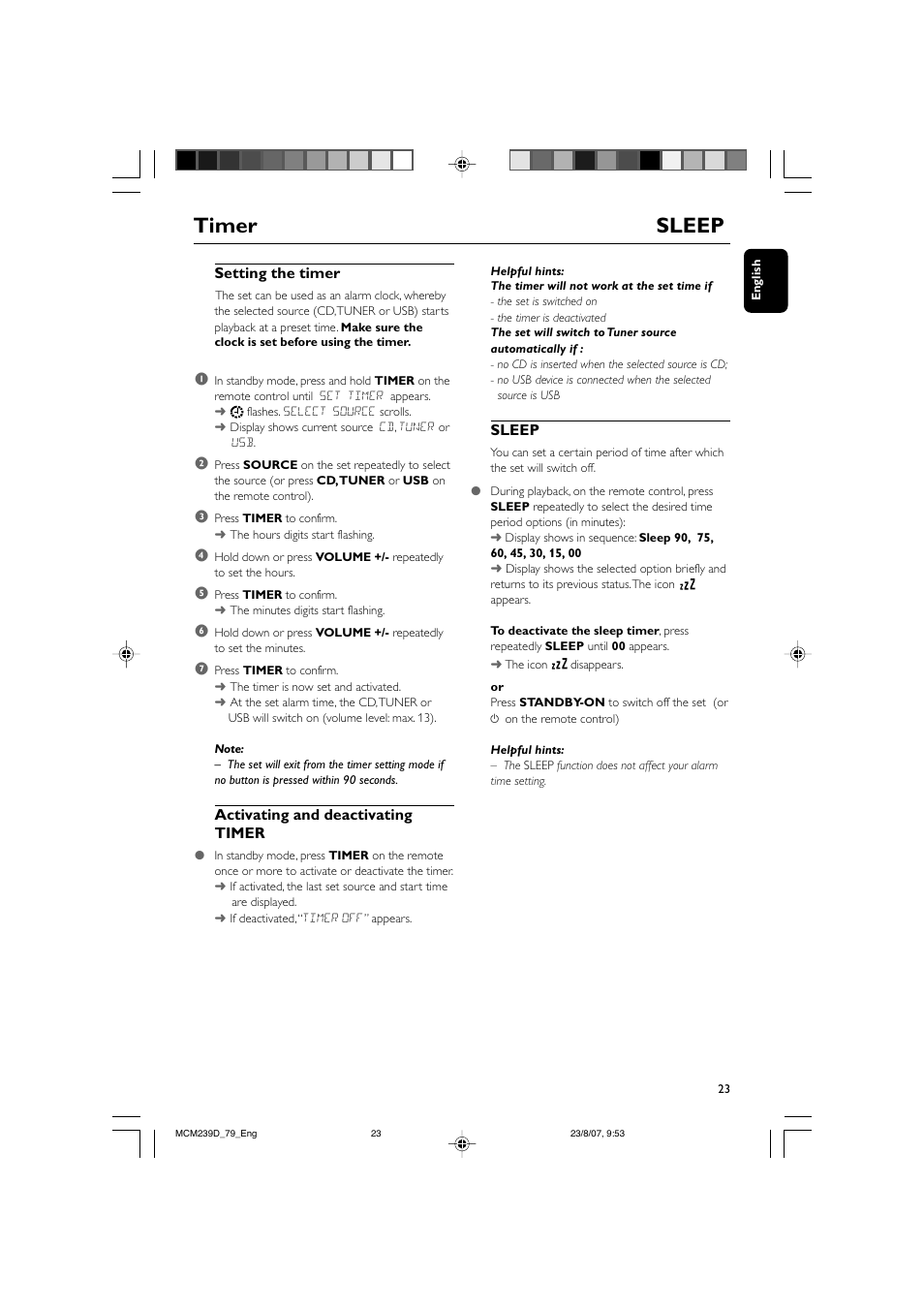 Timer sleep, Setting the timer, Activating and deactivating timer | Sleep | Philips MCM239D User Manual | Page 23 / 28