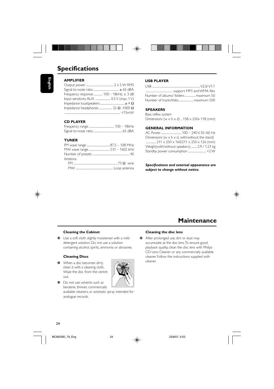 Maintenance specifications | Philips MCM239D User Manual | Page 24 / 28