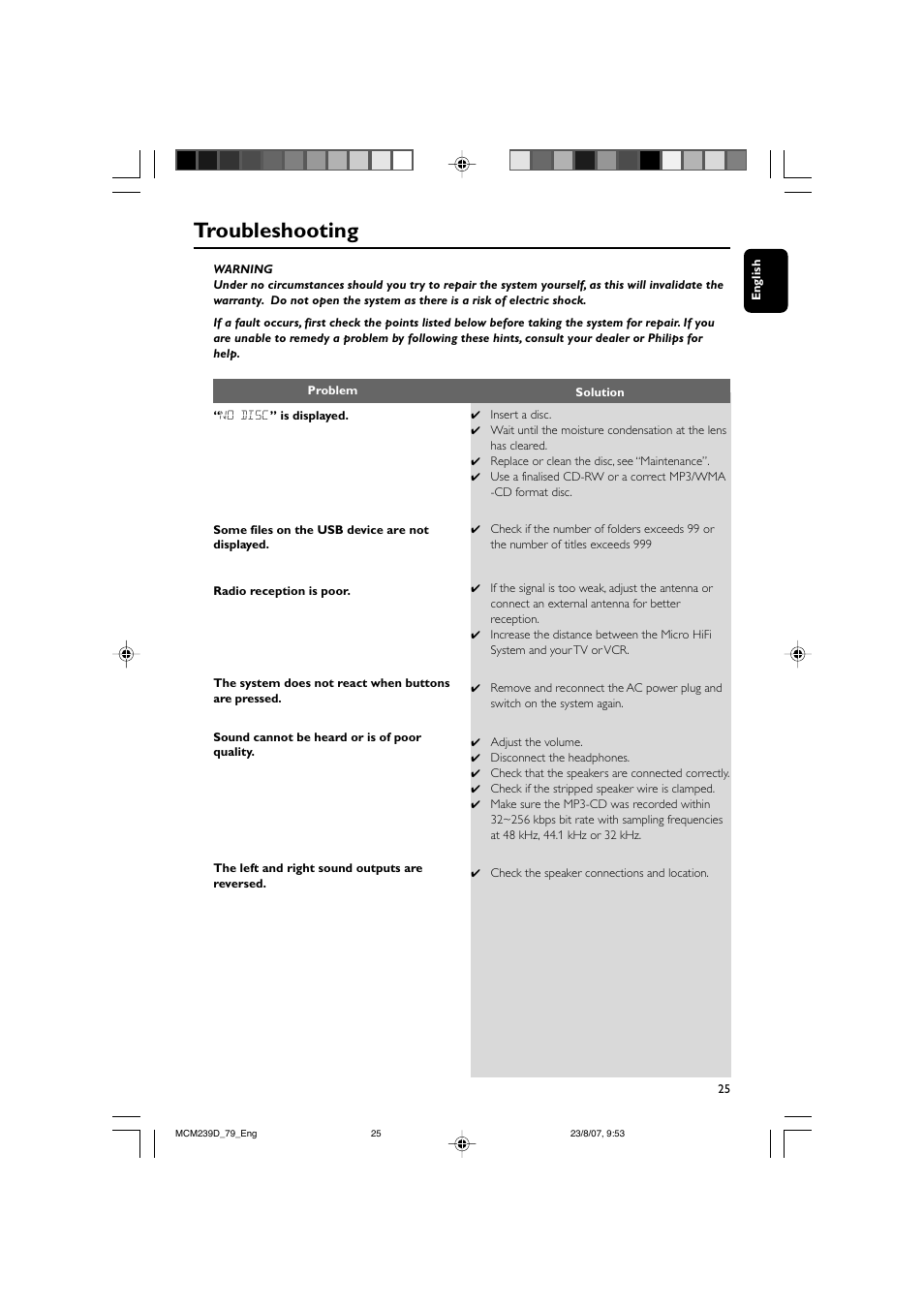 Troubleshooting | Philips MCM239D User Manual | Page 25 / 28