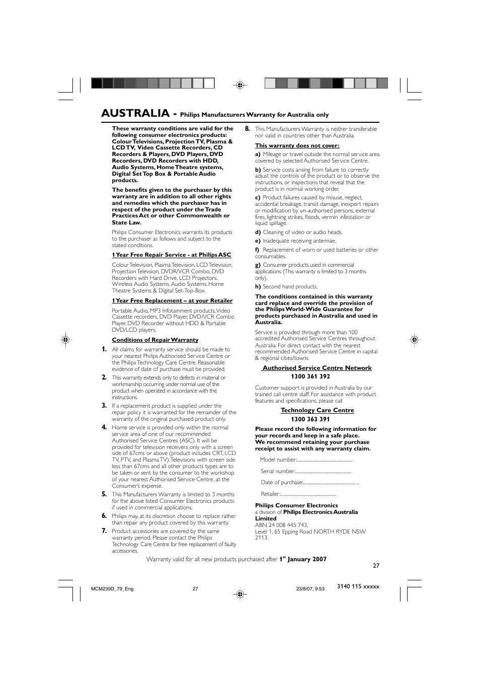 Australia | Philips MCM239D User Manual | Page 27 / 28