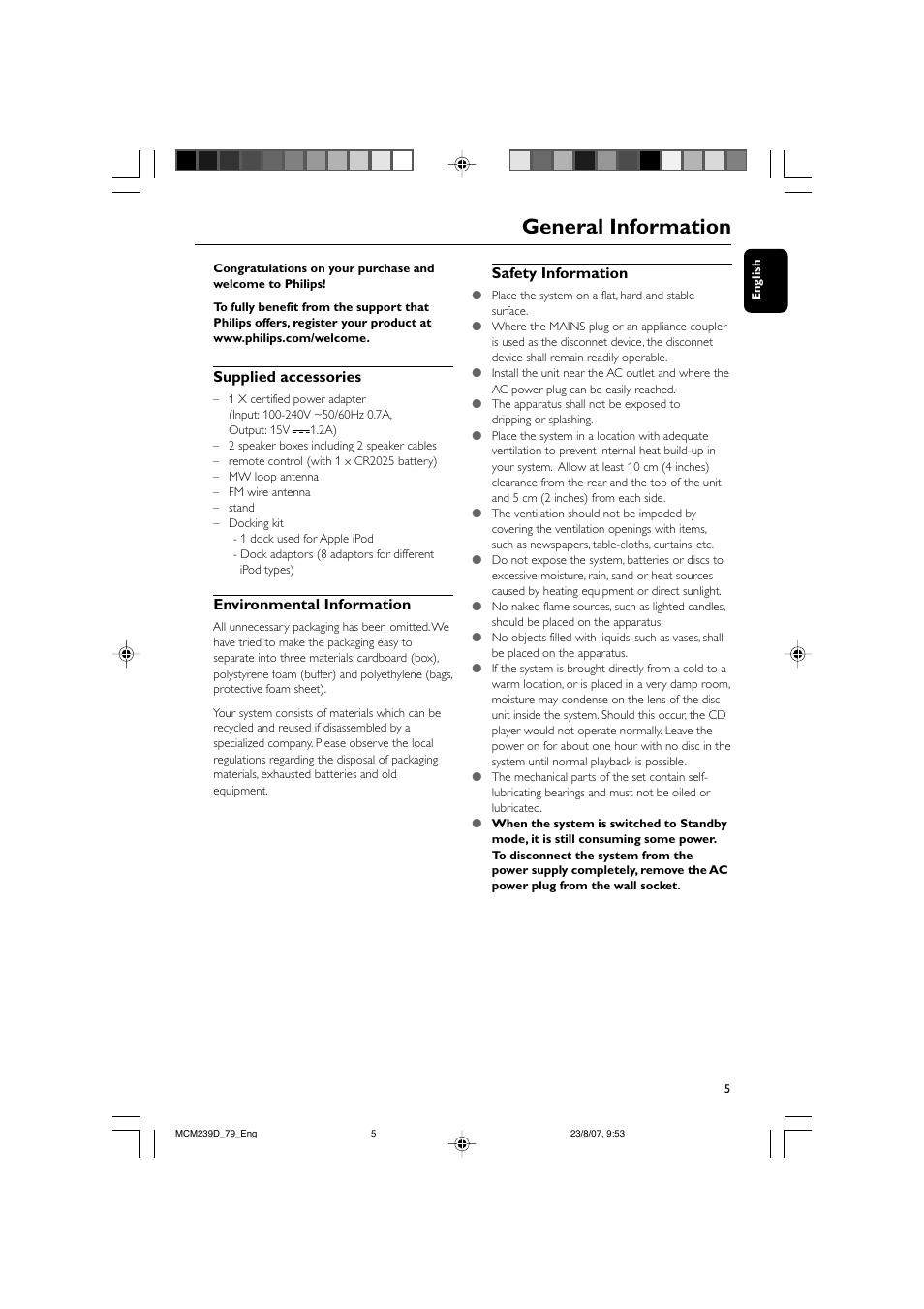 General information, Supplied accessories, Environmental information | Safety information | Philips MCM239D User Manual | Page 5 / 28