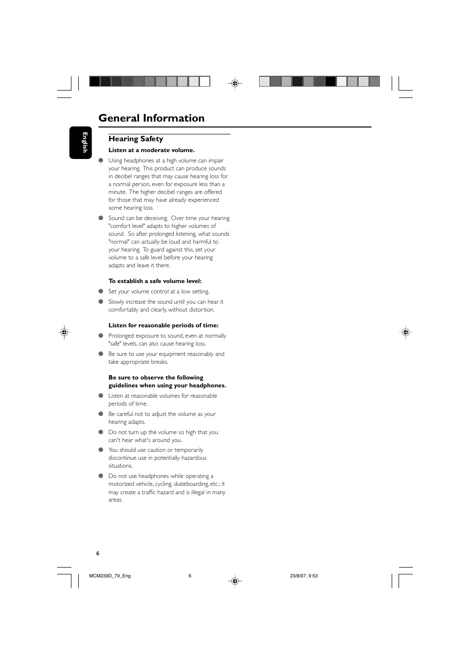 General information, Hearing safety | Philips MCM239D User Manual | Page 6 / 28