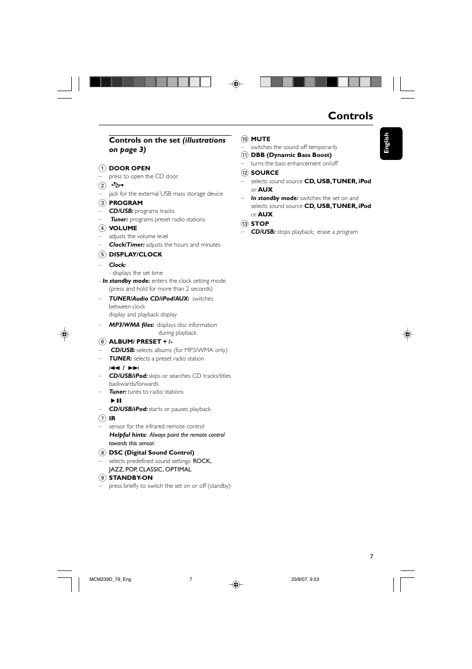 Controls | Philips MCM239D User Manual | Page 7 / 28