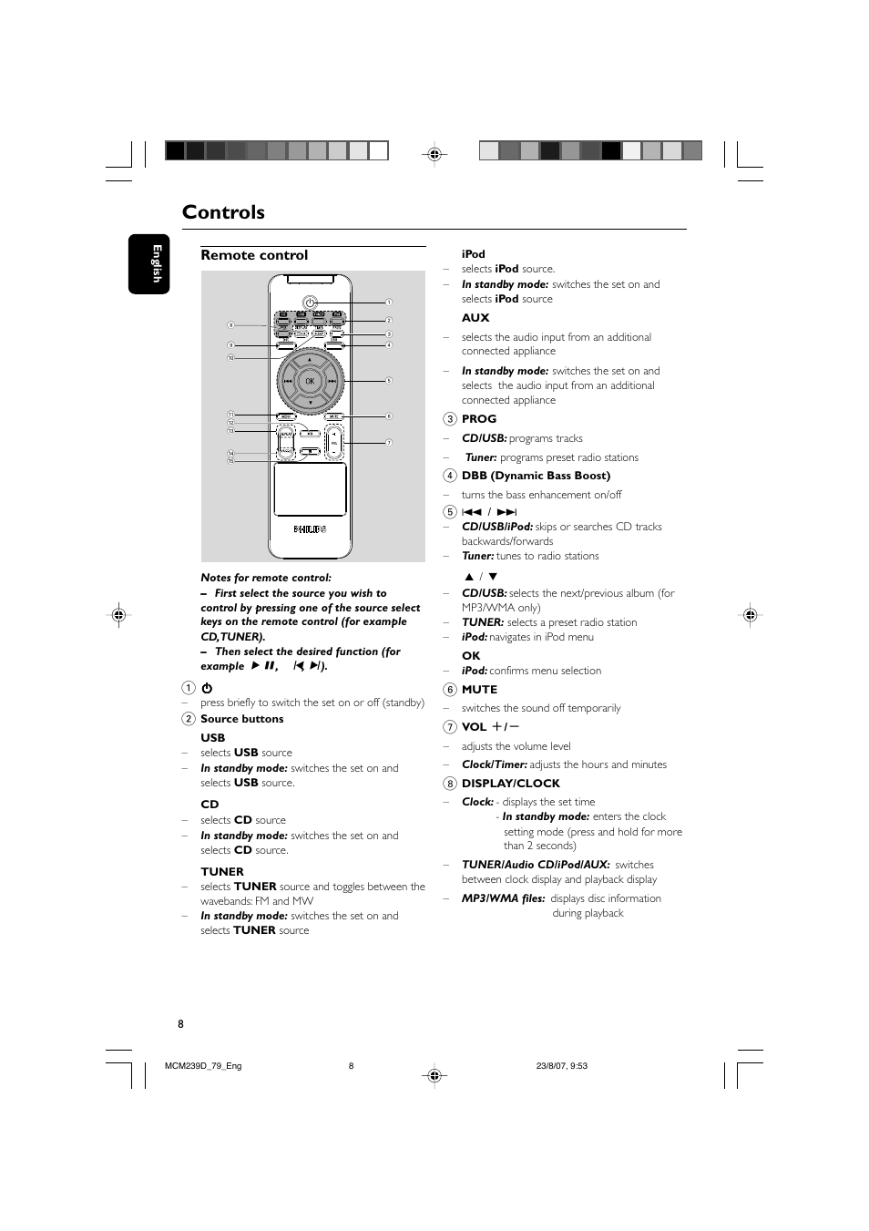 Controls, Remote control | Philips MCM239D User Manual | Page 8 / 28