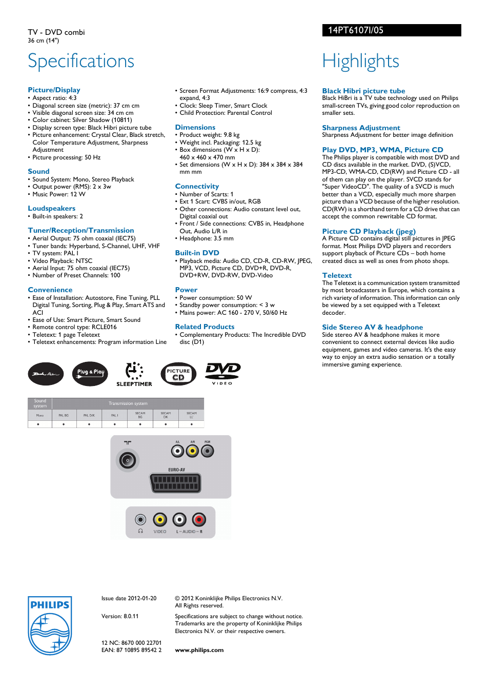 Specifications, Highlights | Philips 14PT6107I User Manual | Page 2 / 2