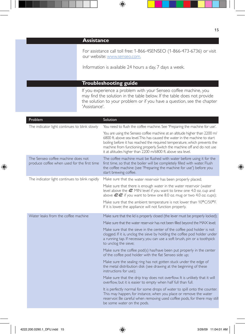 Assistance, Troubleshooting guide | Philips Senseo II Blue US User Manual | Page 15 / 20