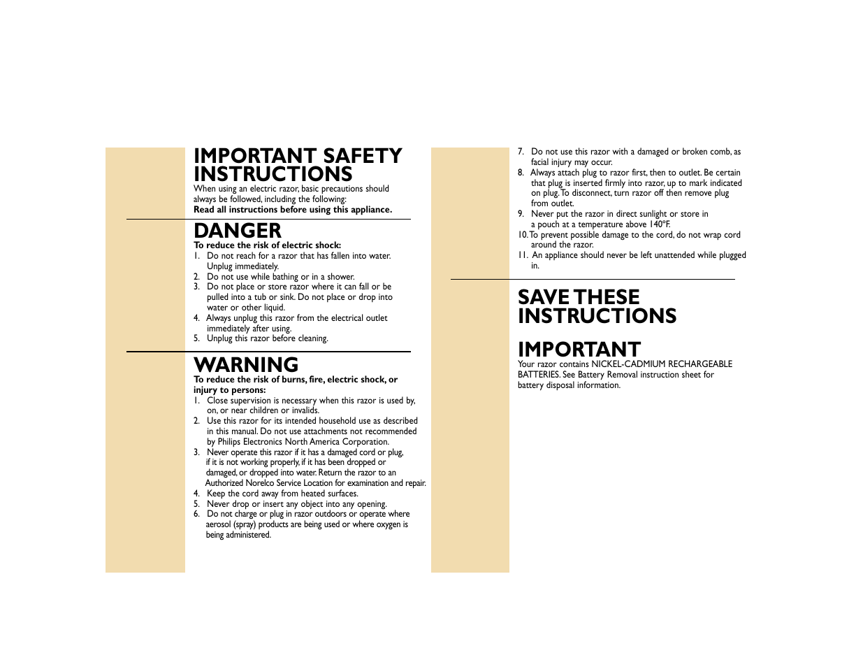 Important safety instructions, Danger, Warning | Save these instructions important | Philips 4853 User Manual | Page 2 / 9