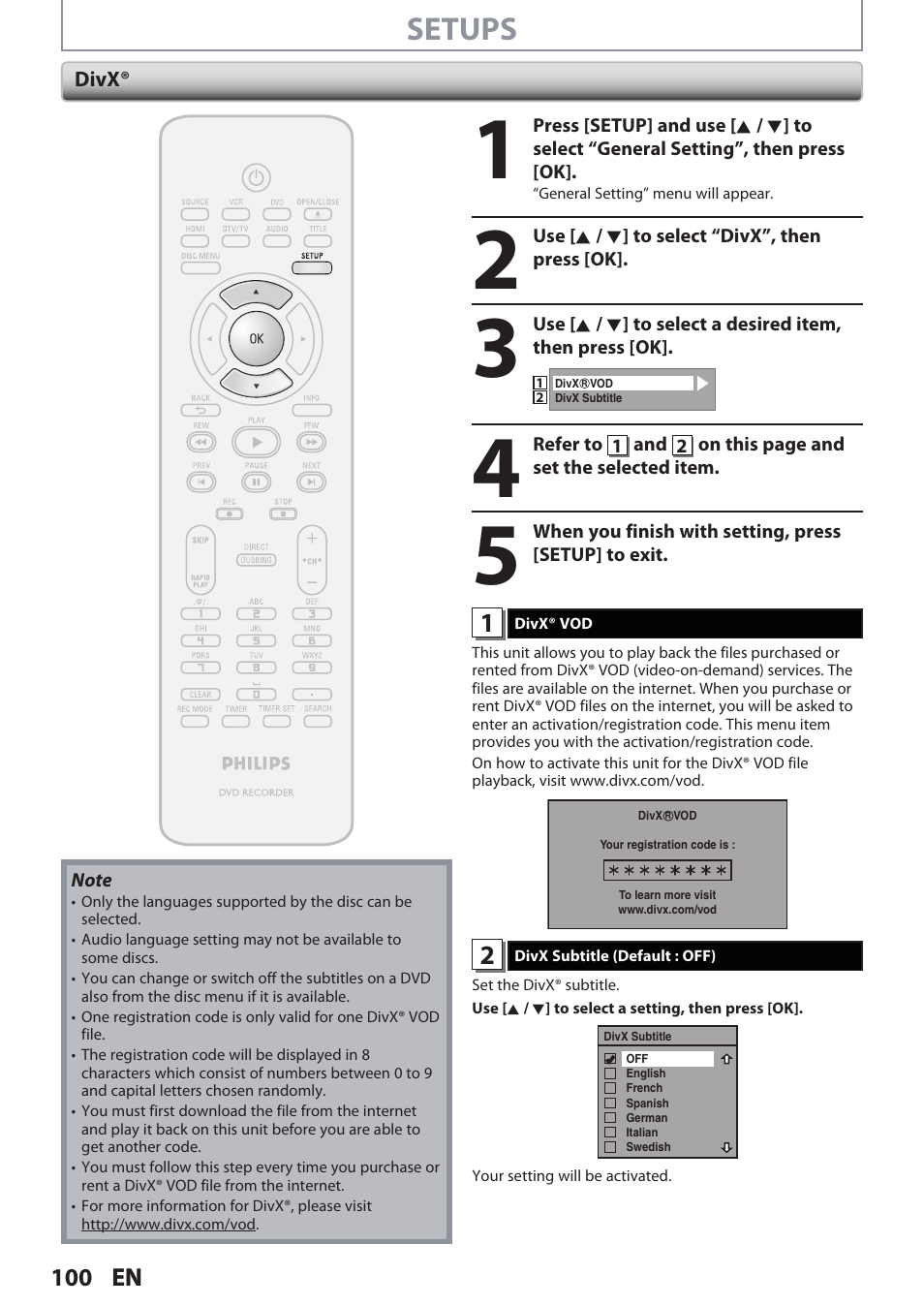 Setups | Philips DVDR3545V User Manual | Page 100 / 116