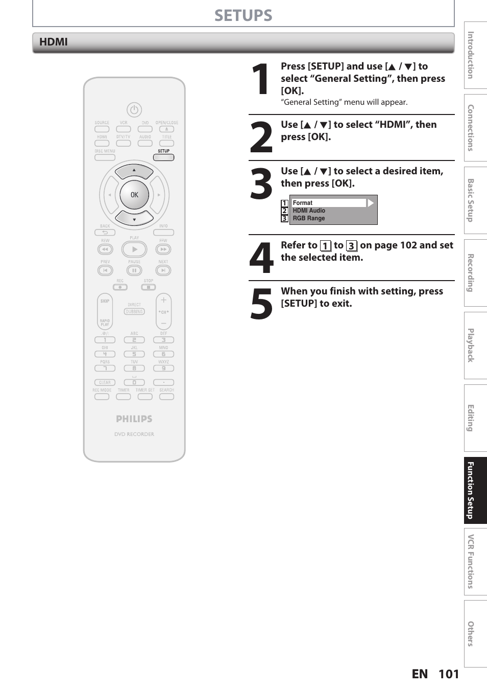 Setups | Philips DVDR3545V User Manual | Page 101 / 116