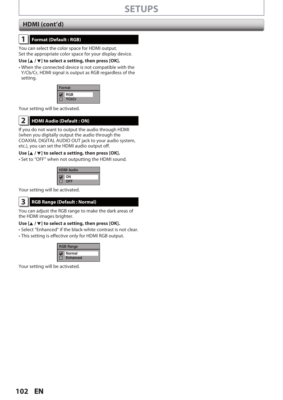 Setups, 102 en, Hdmi (cont’d) | Philips DVDR3545V User Manual | Page 102 / 116
