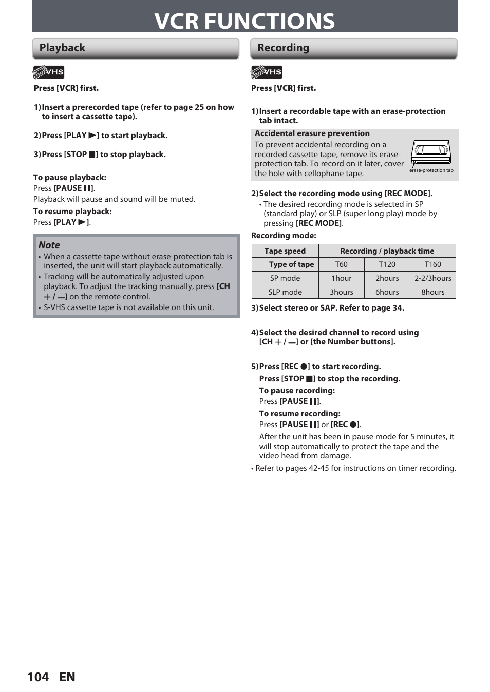 Vcr functions, 104 en, Playback recording | Philips DVDR3545V User Manual | Page 104 / 116