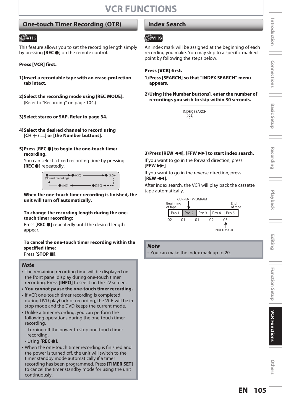Vcr functions, One-touch timer recording (otr) index search | Philips DVDR3545V User Manual | Page 105 / 116