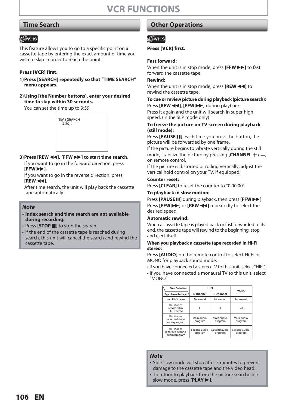 Vcr functions, 106 en, Time search other operations | Philips DVDR3545V User Manual | Page 106 / 116
