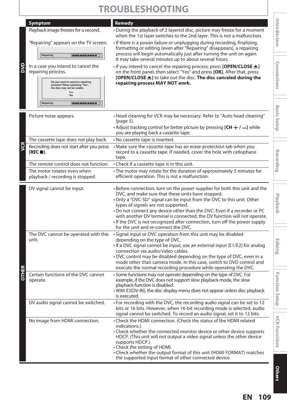 Troubleshooting, 109 en | Philips DVDR3545V User Manual | Page 109 / 116