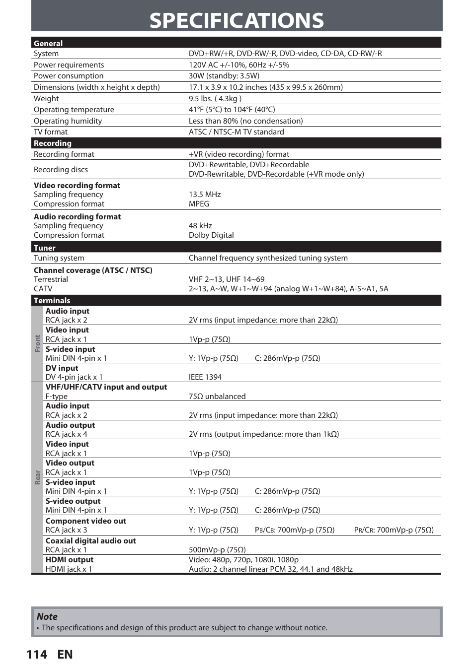 Specifications, 114 en | Philips DVDR3545V User Manual | Page 114 / 116