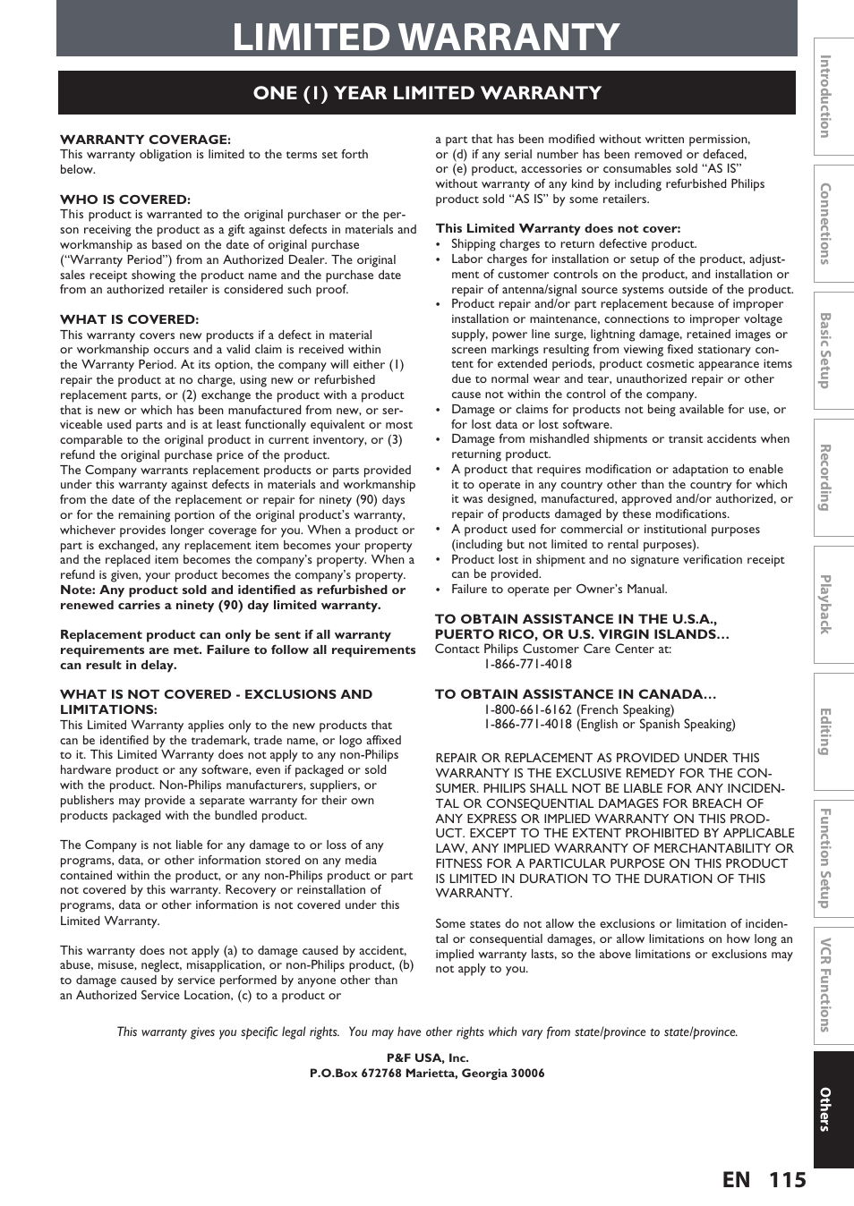 Limited warranty, 115 en, One (1) year limited warranty | Philips DVDR3545V User Manual | Page 115 / 116