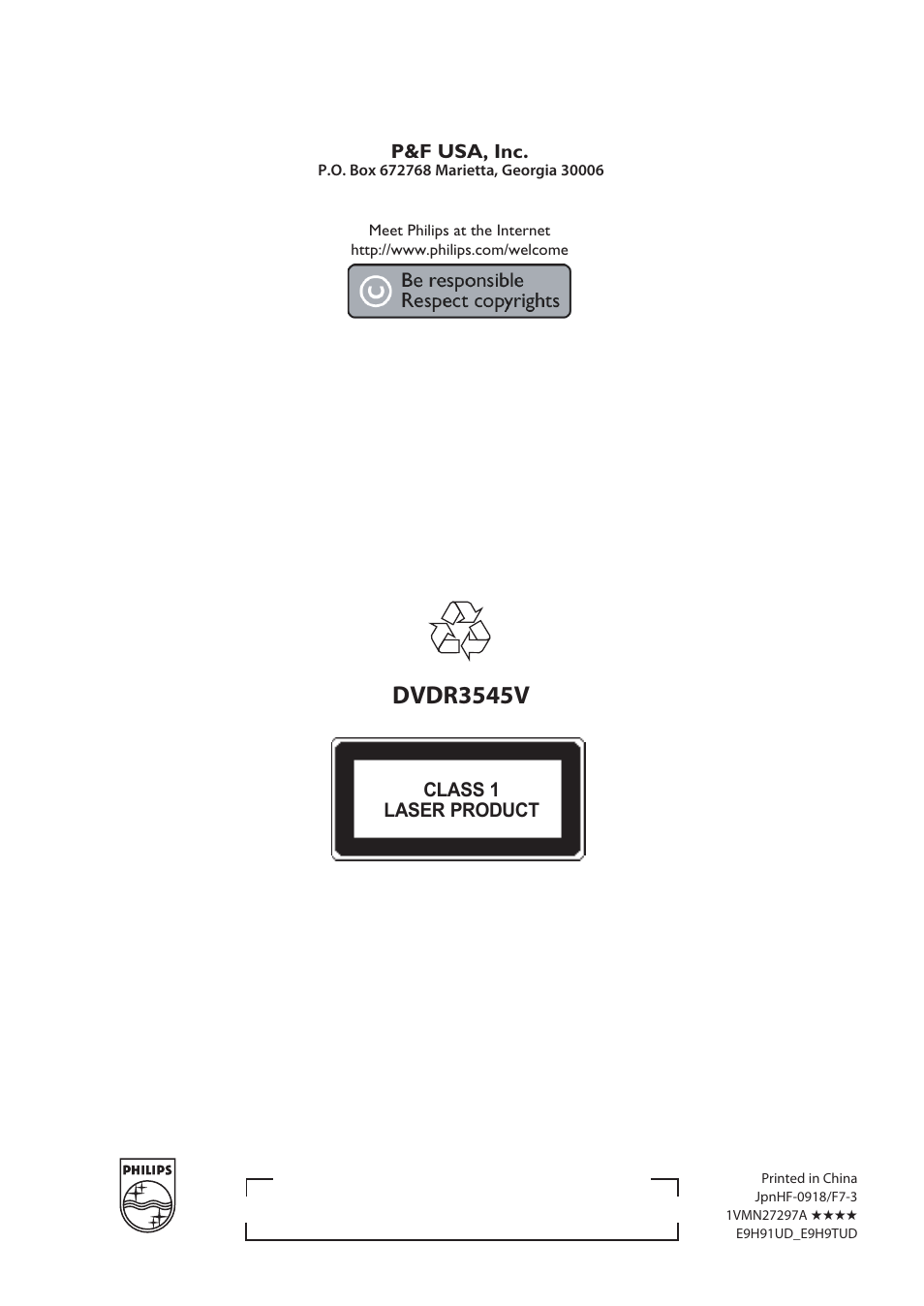 Dvdr3545v, P&f usa, inc, Class 1 laser product | Philips DVDR3545V User Manual | Page 116 / 116