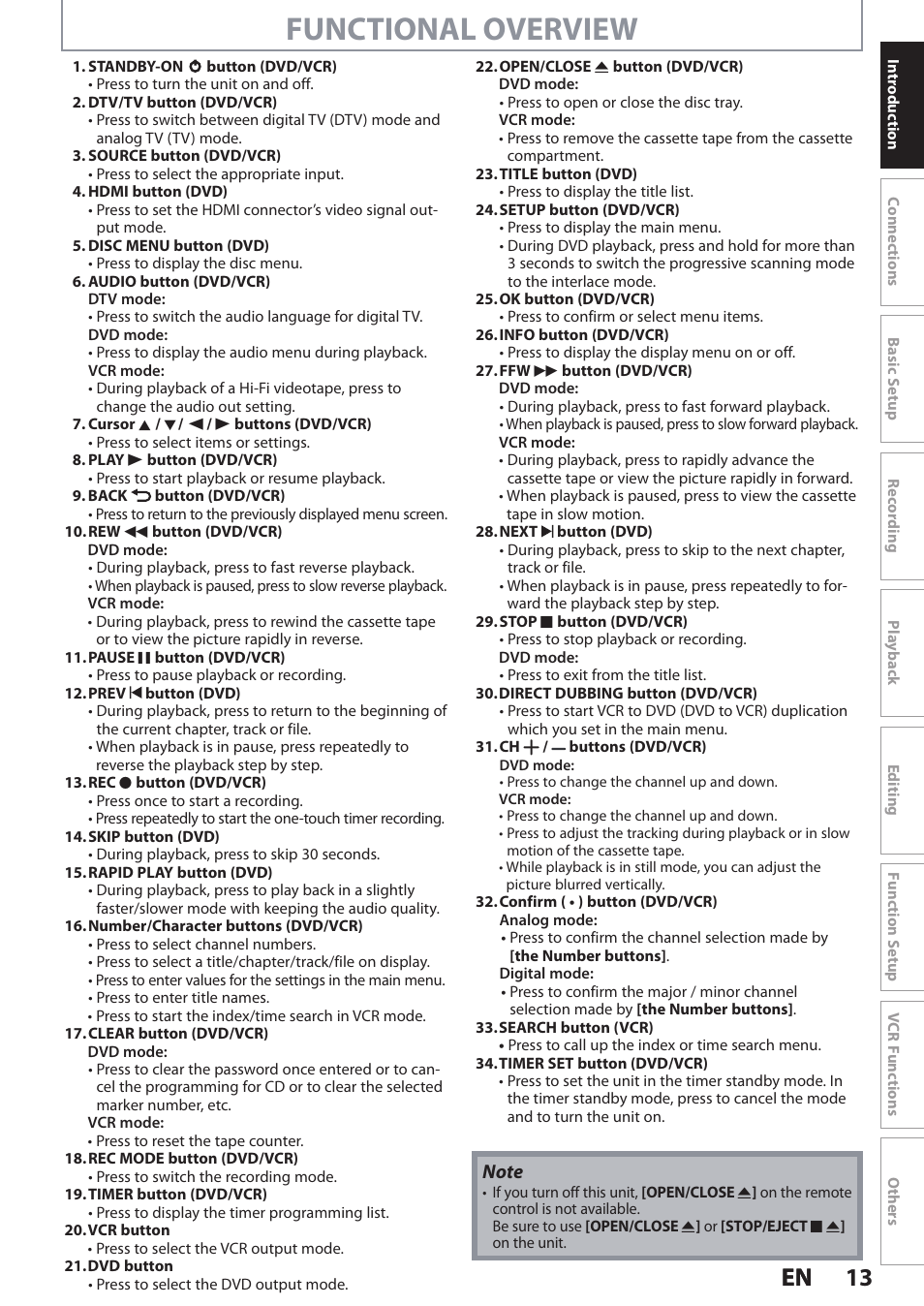 Functional overview, 13 en 13 en | Philips DVDR3545V User Manual | Page 13 / 116