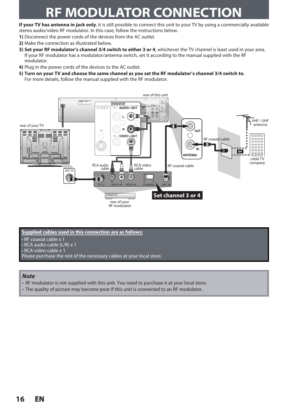 Rf modulator connection, 16 en 16 en, Set channel 3 or 4 | Philips DVDR3545V User Manual | Page 16 / 116