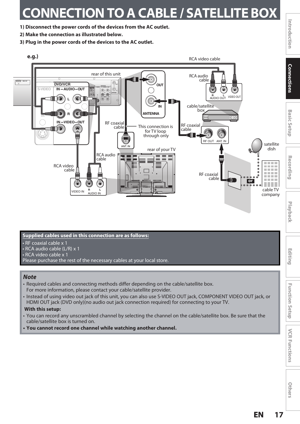 Connection to a cable / satellite box, 17 en 17 en, E.g.) | Philips DVDR3545V User Manual | Page 17 / 116