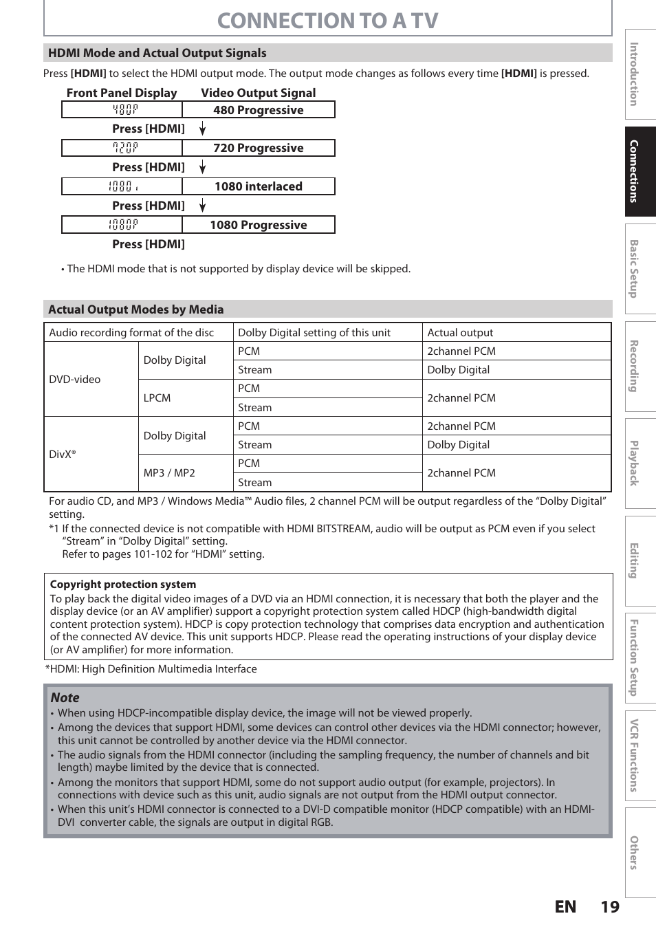Connection to a tv, 19 en 19 en | Philips DVDR3545V User Manual | Page 19 / 116