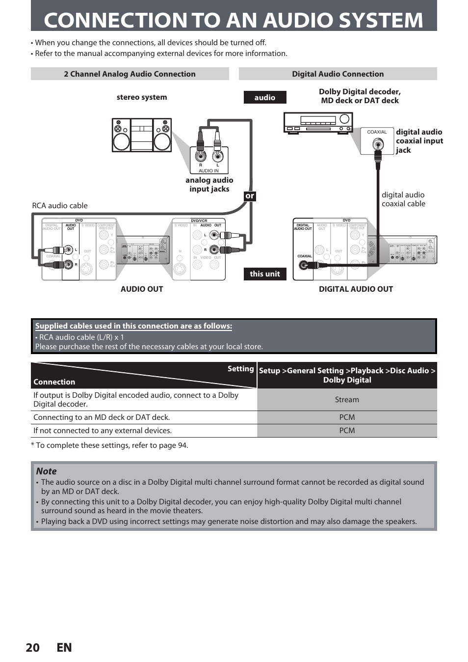 Connection to an audio system, 20 en 20 en | Philips DVDR3545V User Manual | Page 20 / 116