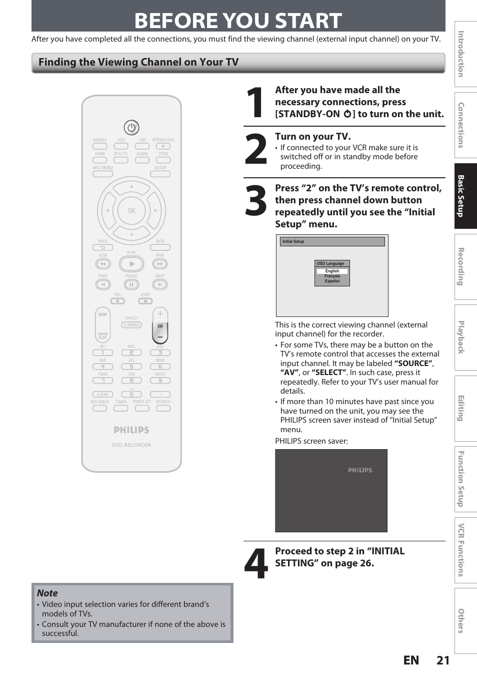 Before you start | Philips DVDR3545V User Manual | Page 21 / 116
