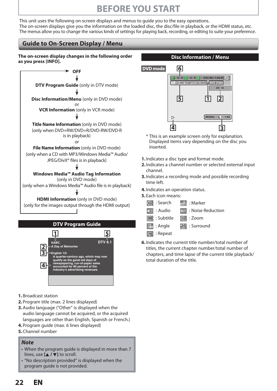 Before you start, 22 en 22 en, Guide to on-screen display / menu | Philips DVDR3545V User Manual | Page 22 / 116