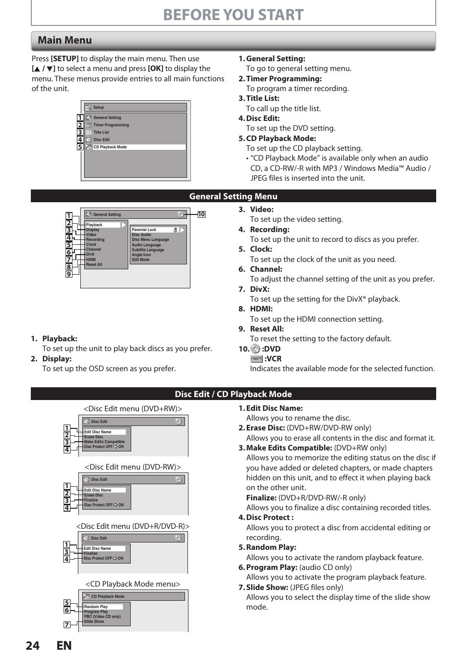 Before you start, 24 en 24 en, Main menu | Philips DVDR3545V User Manual | Page 24 / 116