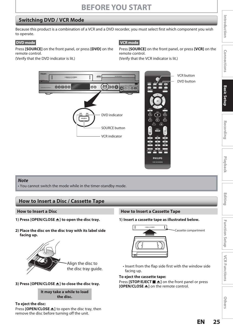 Before you start, 25 en 25 en, Align the disc to the disc tray guide | How to insert a disc how to insert a cassette tape | Philips DVDR3545V User Manual | Page 25 / 116