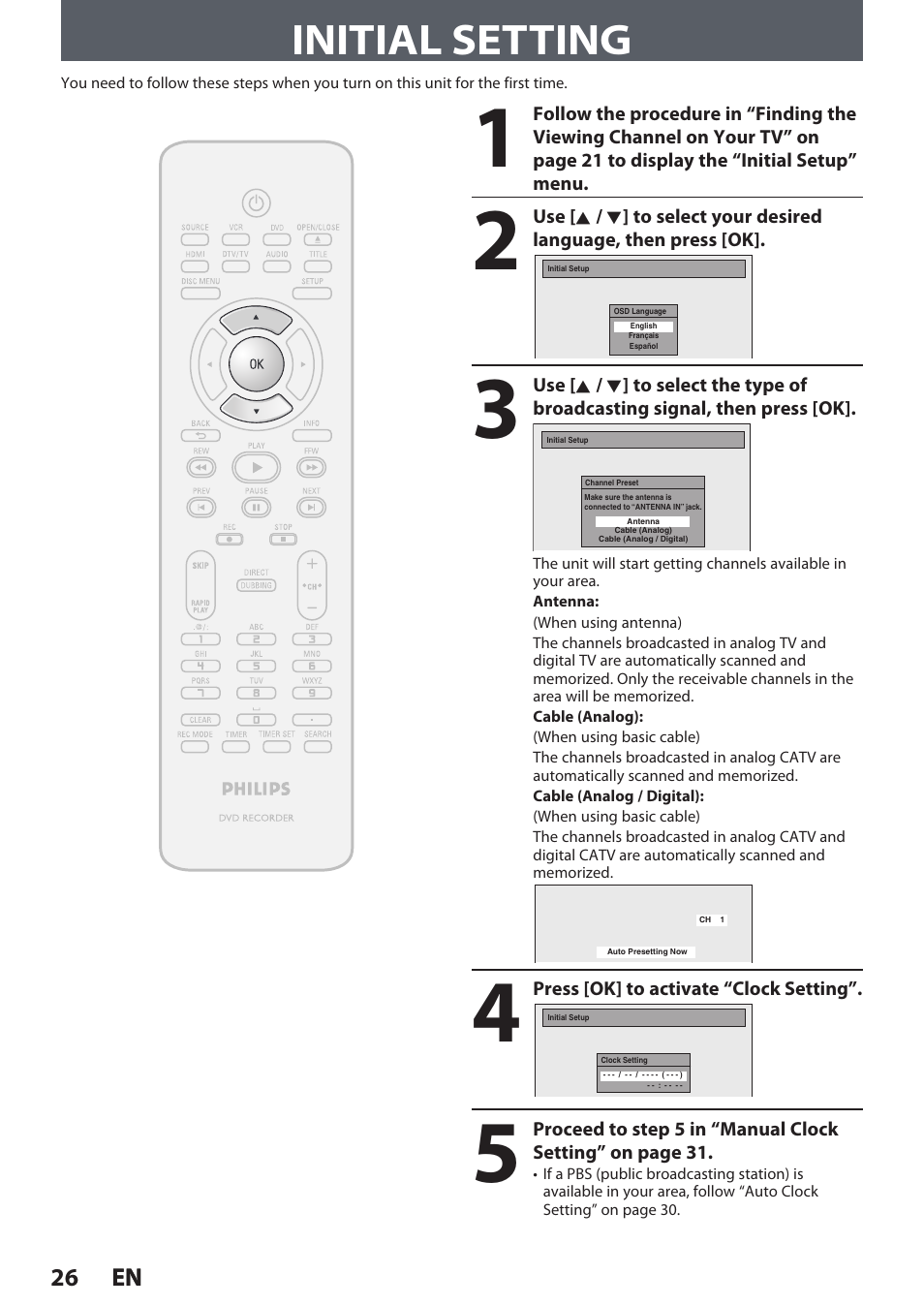 Initial setting | Philips DVDR3545V User Manual | Page 26 / 116