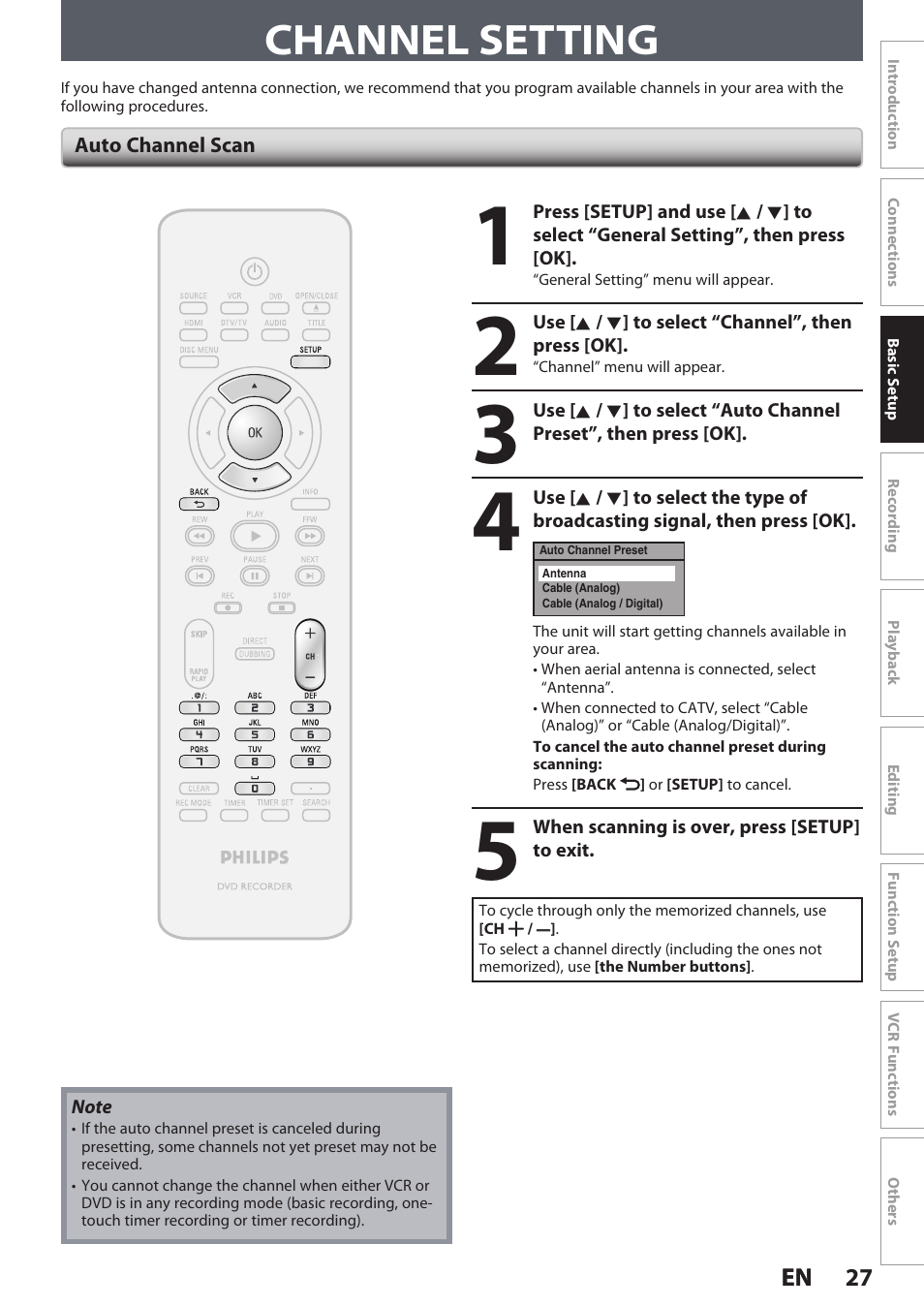 Channel setting | Philips DVDR3545V User Manual | Page 27 / 116