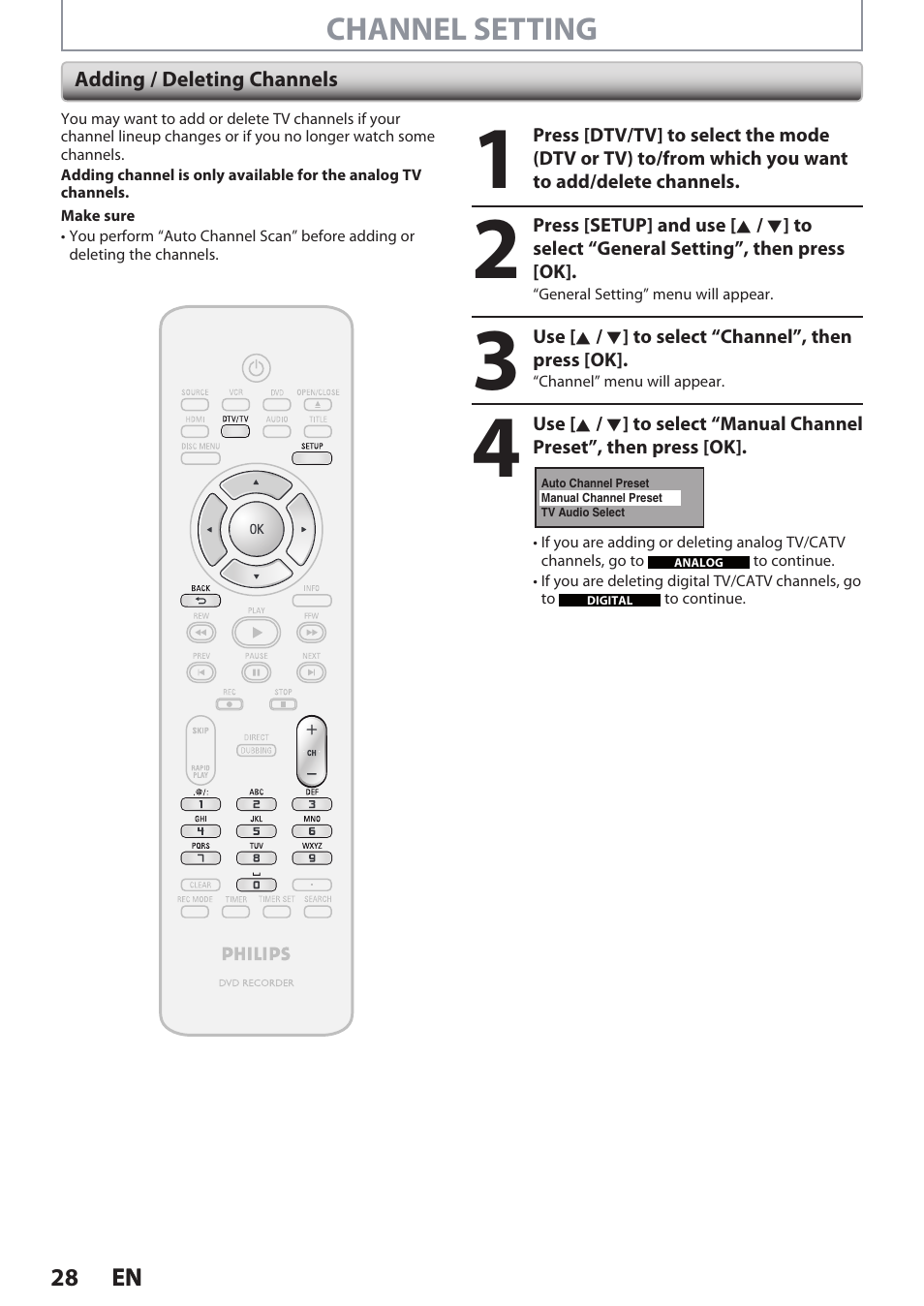 Channel setting | Philips DVDR3545V User Manual | Page 28 / 116
