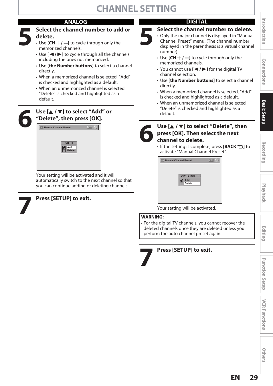 Channel setting | Philips DVDR3545V User Manual | Page 29 / 116