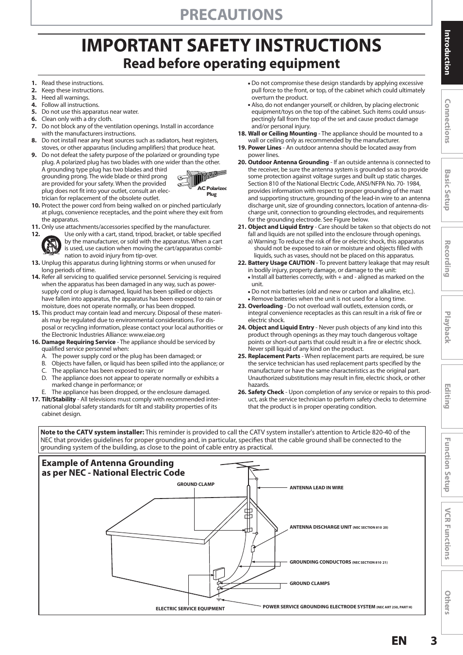 Important safety instructions, Precautions, Read before operating equipment | 3en 3 en | Philips DVDR3545V User Manual | Page 3 / 116