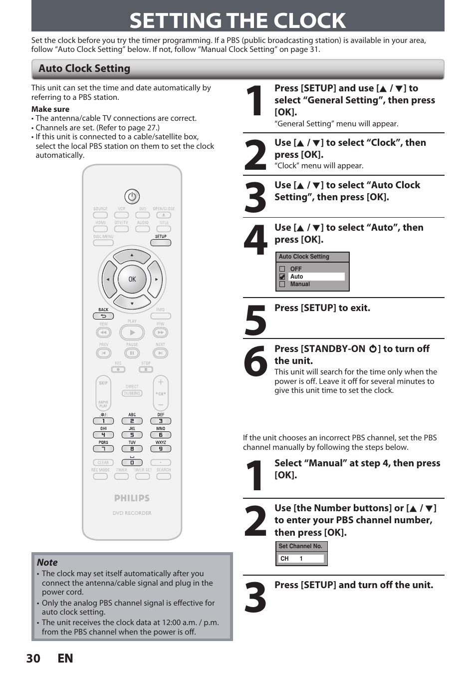 Setting the clock | Philips DVDR3545V User Manual | Page 30 / 116