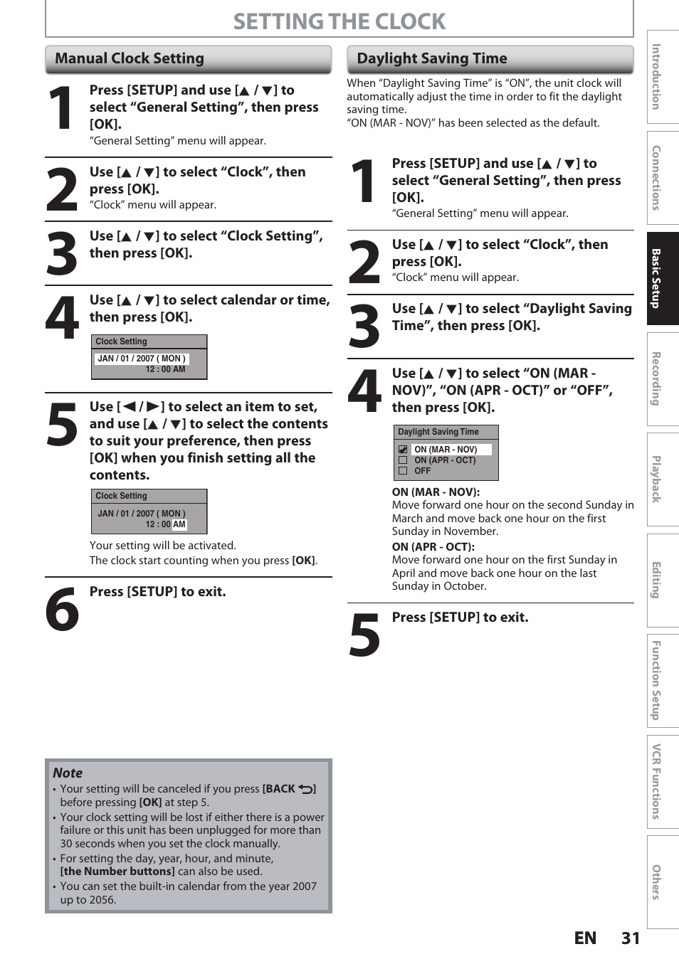 Setting the clock | Philips DVDR3545V User Manual | Page 31 / 116