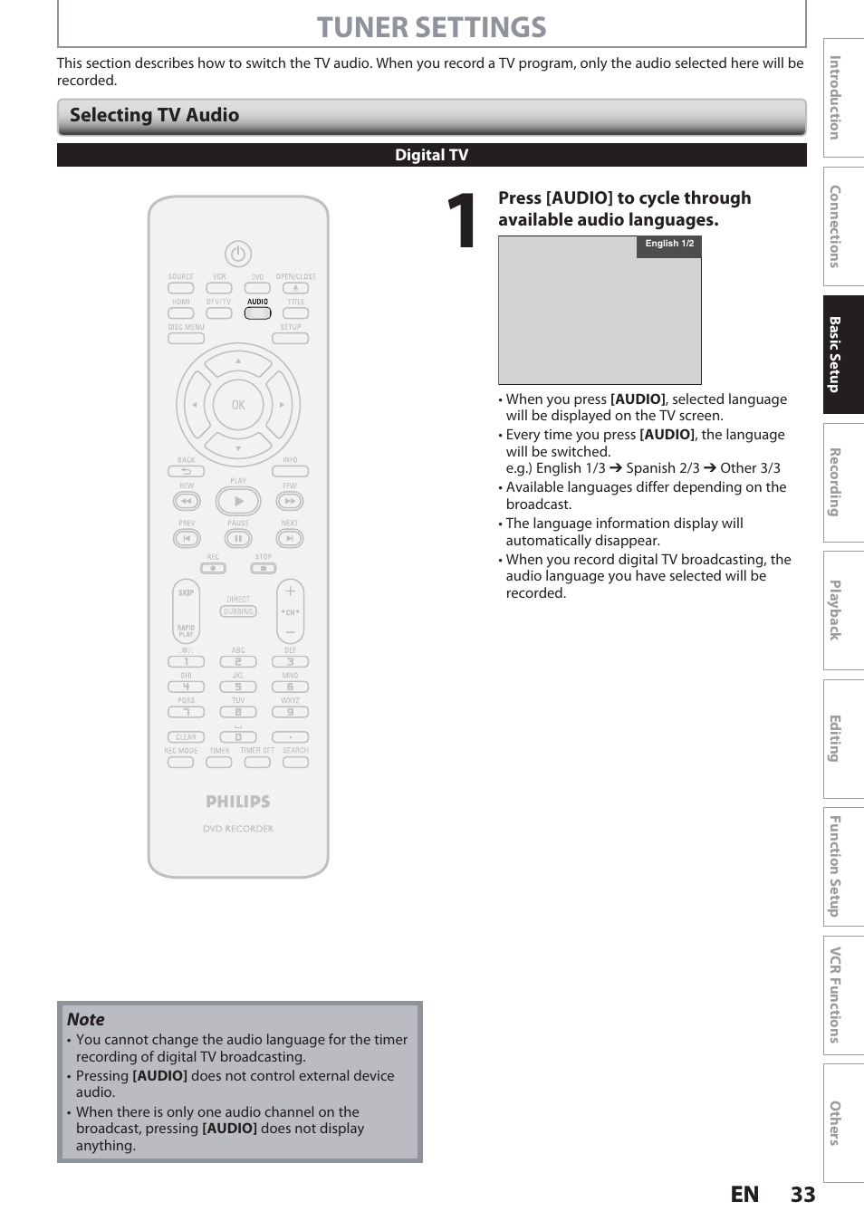 Tuner settings, 33 en 33 en | Philips DVDR3545V User Manual | Page 33 / 116