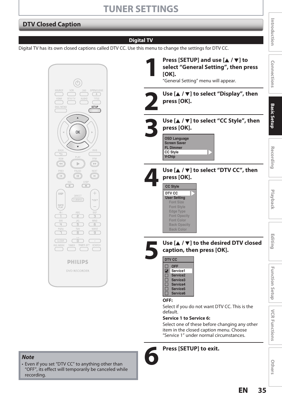 Tuner settings | Philips DVDR3545V User Manual | Page 35 / 116