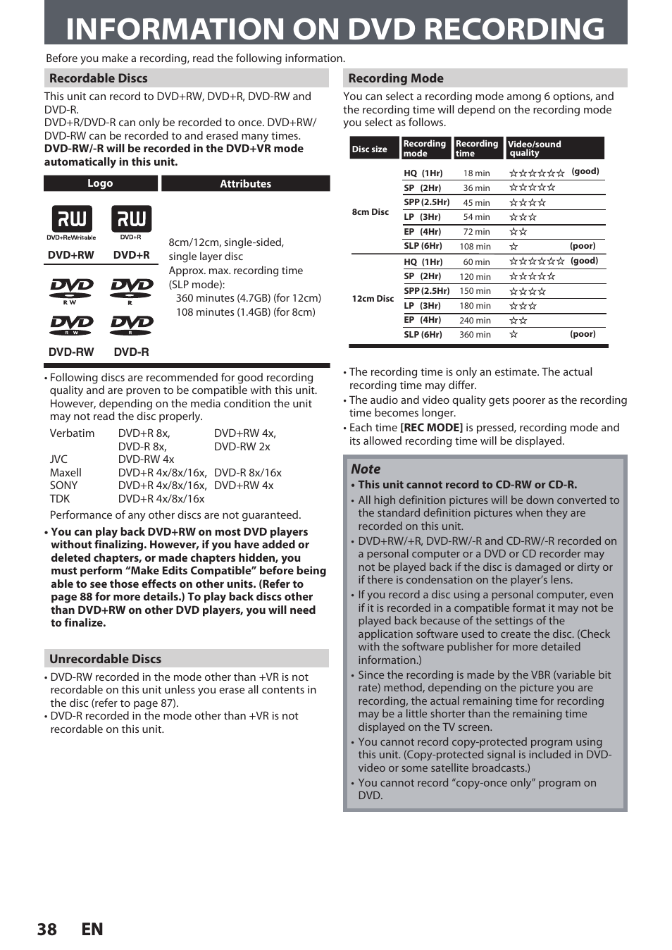 Information on dvd recording, 38 en 38 en | Philips DVDR3545V User Manual | Page 38 / 116
