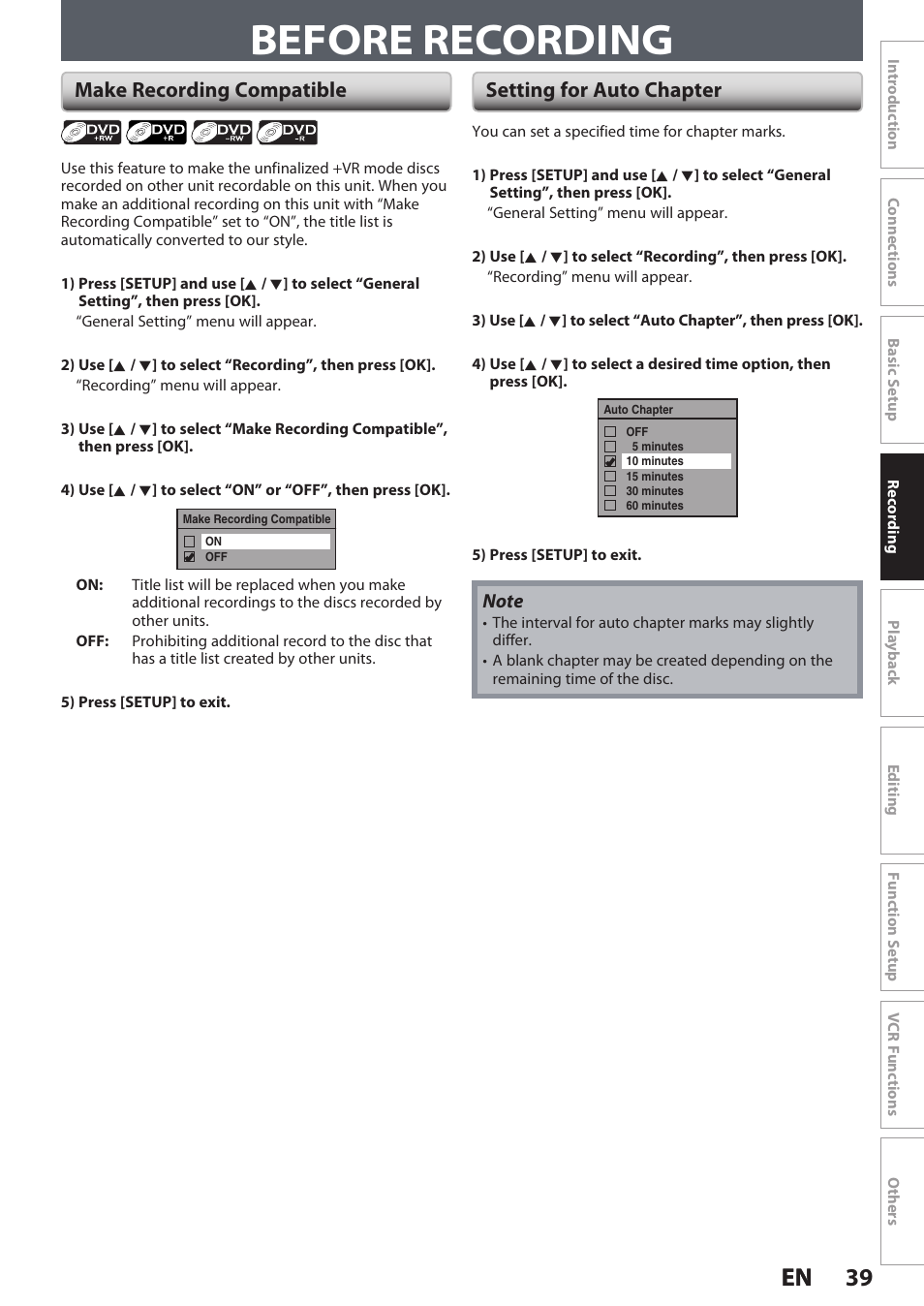 Before recording, 39 en 39 en, Make recording compatible setting for auto chapter | Philips DVDR3545V User Manual | Page 39 / 116