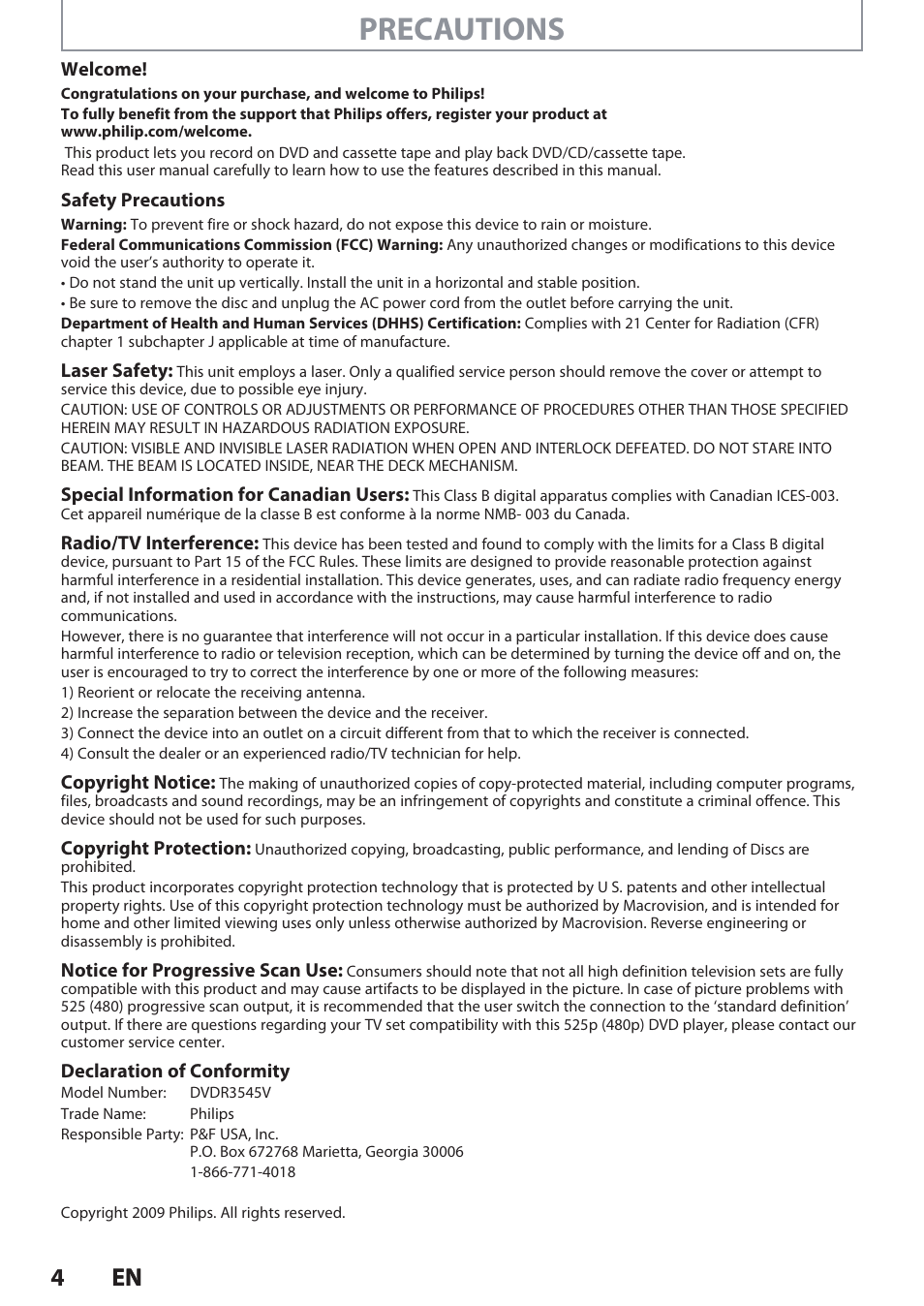 Precautions, 4en 4 en | Philips DVDR3545V User Manual | Page 4 / 116