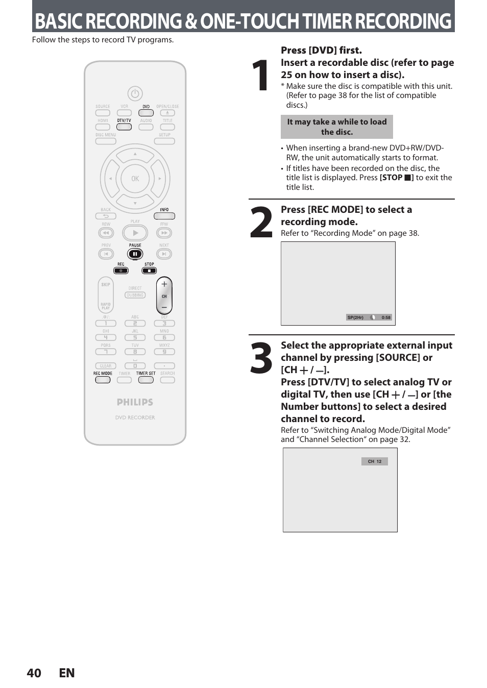 Basic recording & one-touch timer recording | Philips DVDR3545V User Manual | Page 40 / 116