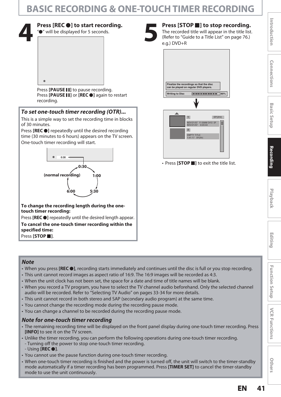 Basic recording & one-touch timer recording, 41 en 41 en | Philips DVDR3545V User Manual | Page 41 / 116