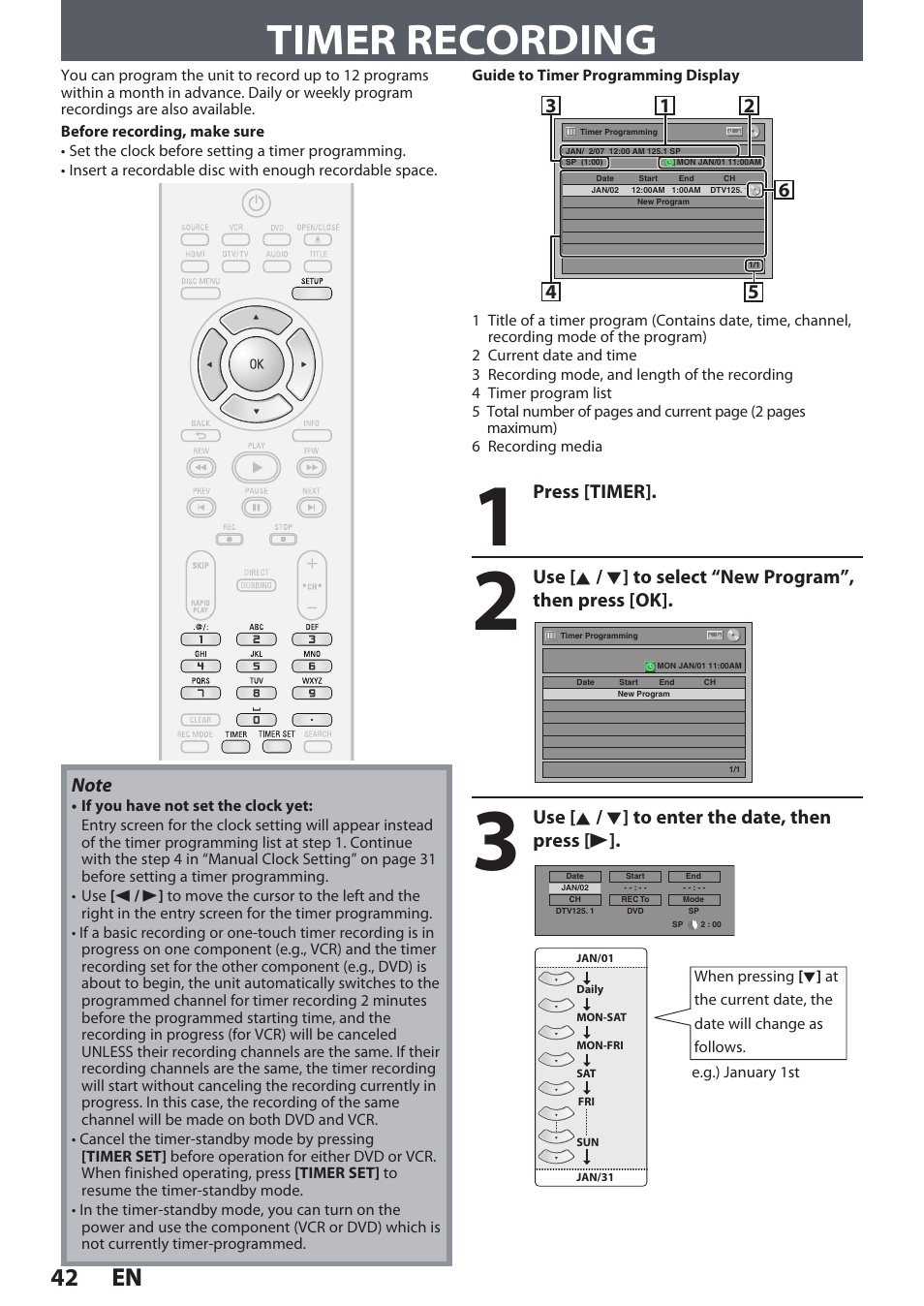 Timer recording, 42 en 42 en, Press [timer | Use [ k / l ] to enter the date, then press [ b | Philips DVDR3545V User Manual | Page 42 / 116