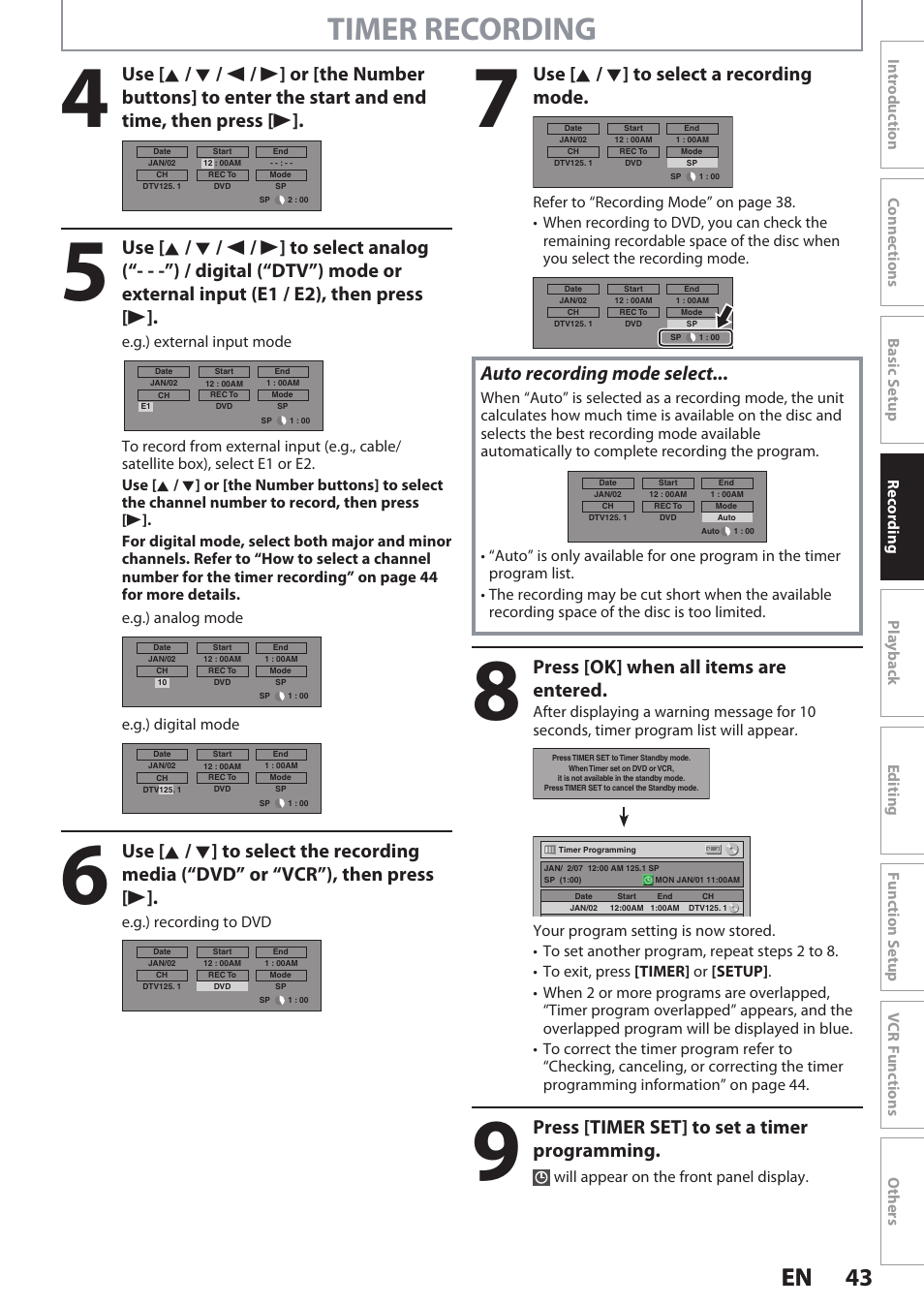Timer recording, 43 en 43 en, Use [ k / l ] to select a recording mode | Auto recording mode select, Press [ok] when all items are entered, Press [timer set] to set a timer programming | Philips DVDR3545V User Manual | Page 43 / 116